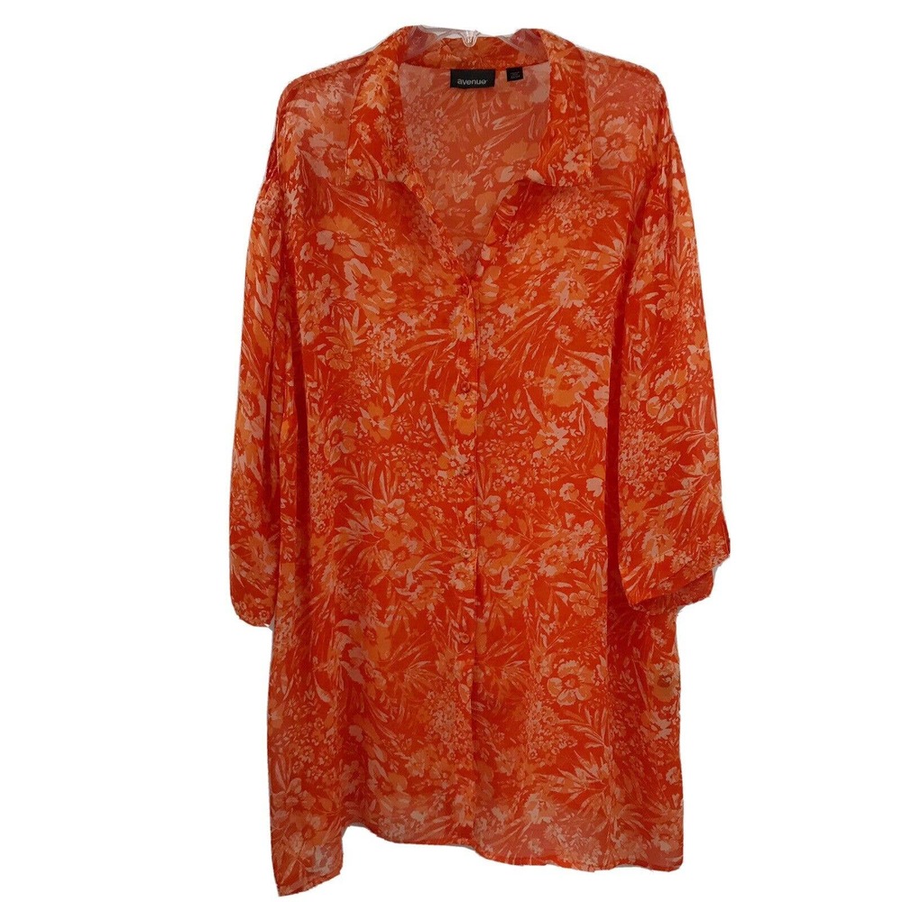 Avenue Women's Plus Size 22/24 Orange Floral 3/4 Sleeve Button Front Blouse